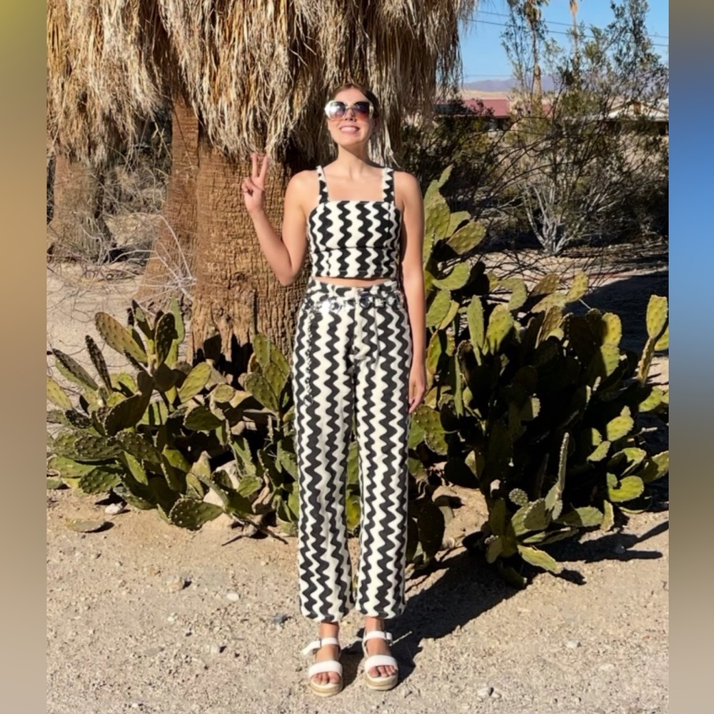Black and White Zigzag Crop Top and Pants Set